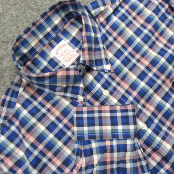 Brooks Brothers Shirt Mens Large Madison Fit Plaid Blue Pink White Supima Cotton - Picture 1 of 10